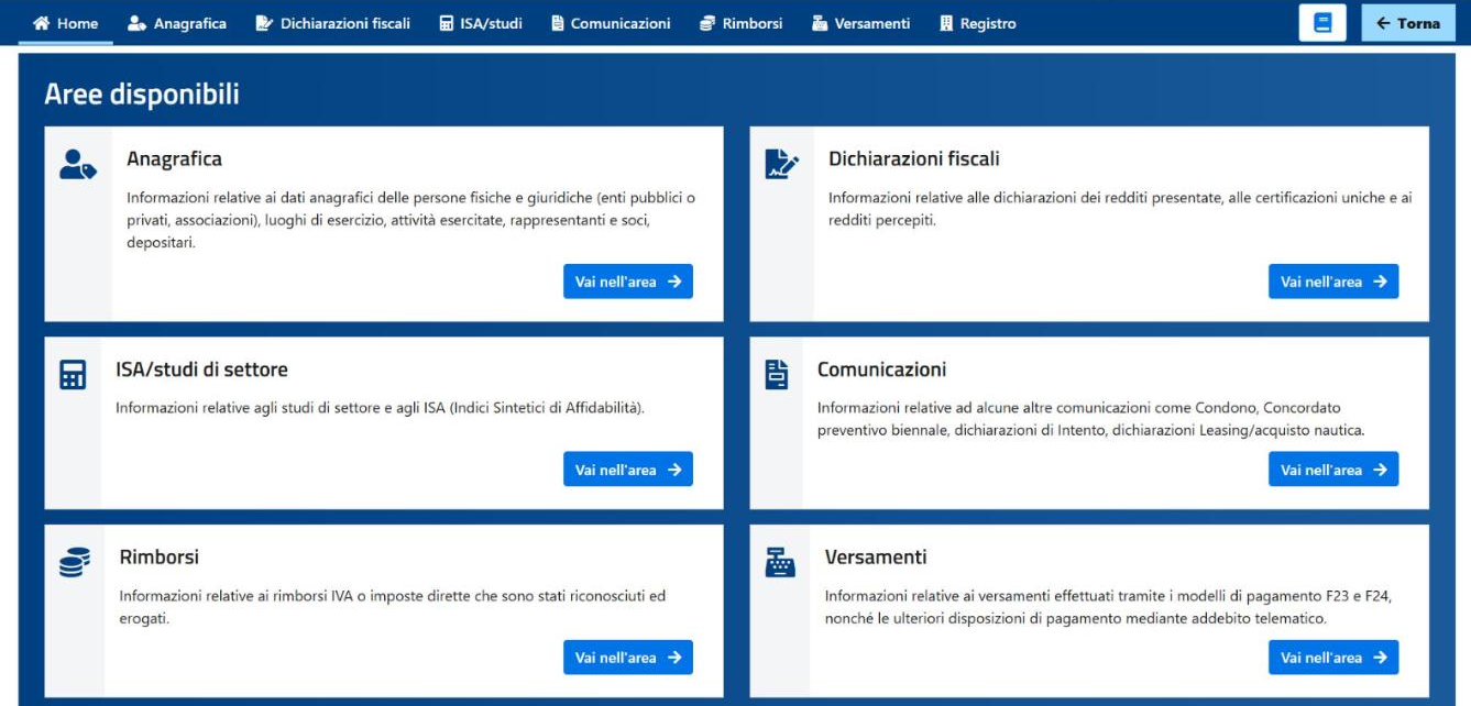 La sezione Consultazioni del cassetto fiscale con il menu delle aree e le schede Anagrafica, Dichiarazioni fiscali, ISA/studi di settore, Comunicazioni, Rimborsi e Versamenti