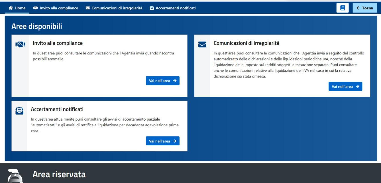 La sezione L'Agenzia scrive del cassetto fiscale con le aree Invito alla compliance, Comunicazioni di irregolarità e Accertamenti notificati
