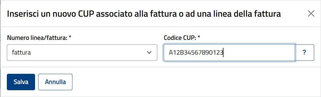 Finestra Inserisci un nuovo CUP